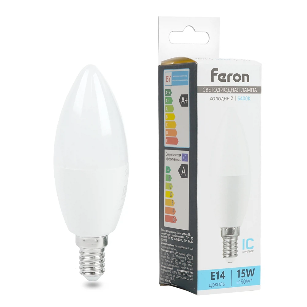 Изображение товара Светодиодная лампа Feron E14 Свеча 15W холодный свет, 6400K, 1360 Люмен