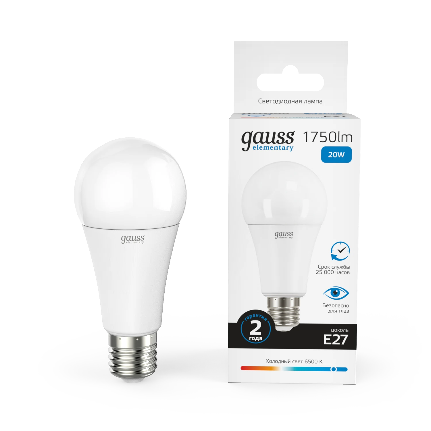 Изображение товара Лампа Gauss Elementary A60 20W 1750lm 6500K E27 LED 1/10/50 Изображение товара Лампа Gauss Elementary A60 20W 1750lm 6500K E27 LED 1/10/50