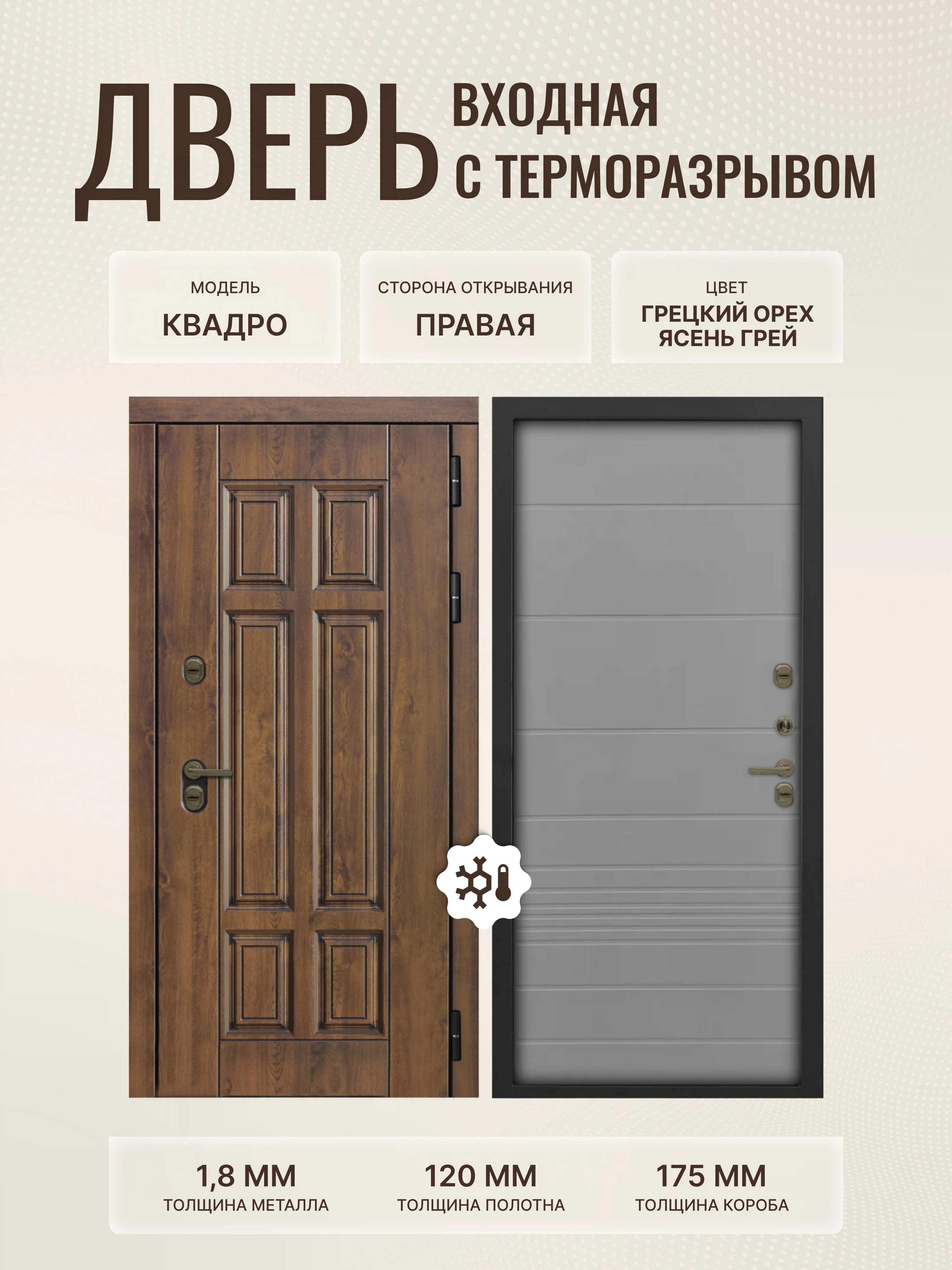 Изображение товара Дверь L Квадро 860*2050 правая с терморазрывом и замками Guardian