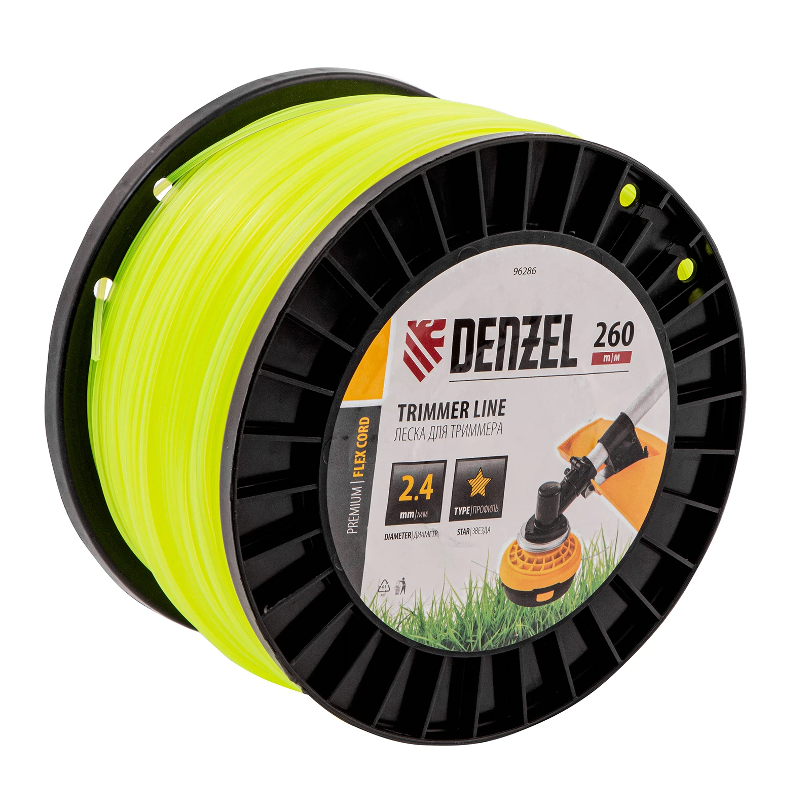 Изображение товара Леска для триммера звезда, 2,4мм х 260м, на DIN катушке FLEX CORD, Denzel 96286