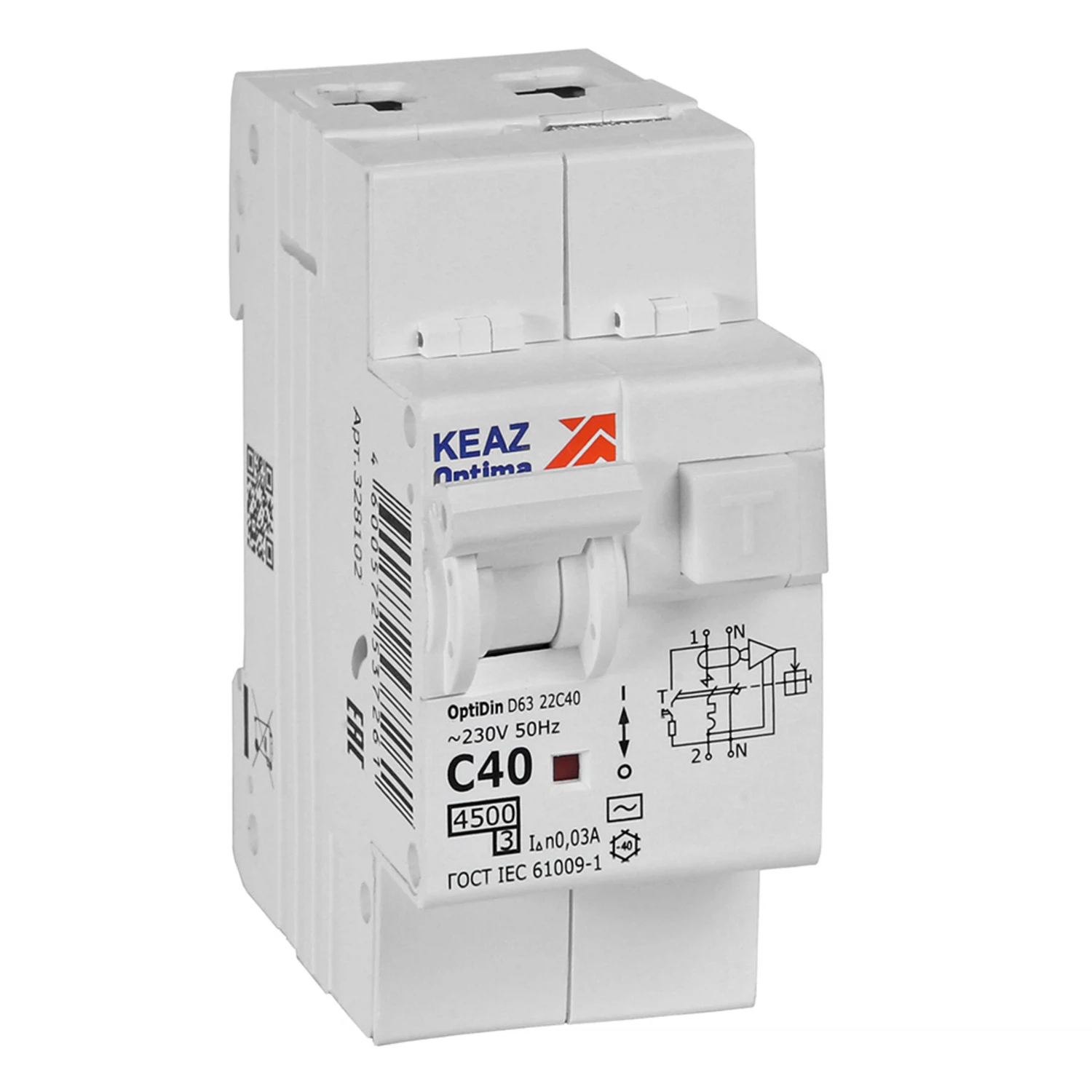 Изображение товара Автоматический выключатель дифференциальный КЭАЗ OptiDin D63-22C40-AC-У3 2P 30мА 4,5kA