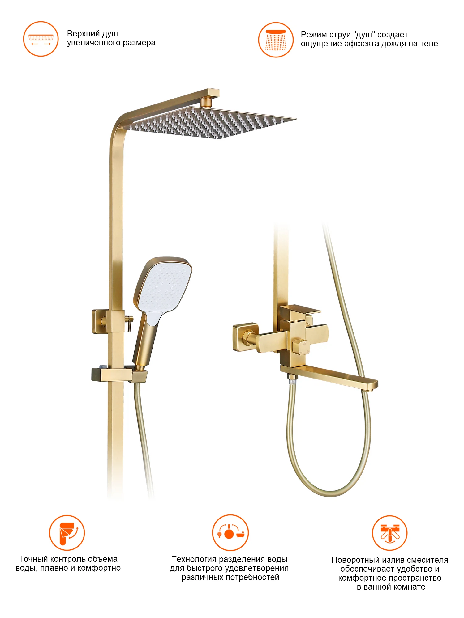 Изображение товара Душевая система Prohanss P30.24.03 для ванны и душа с тропическим душем, золотой сатин