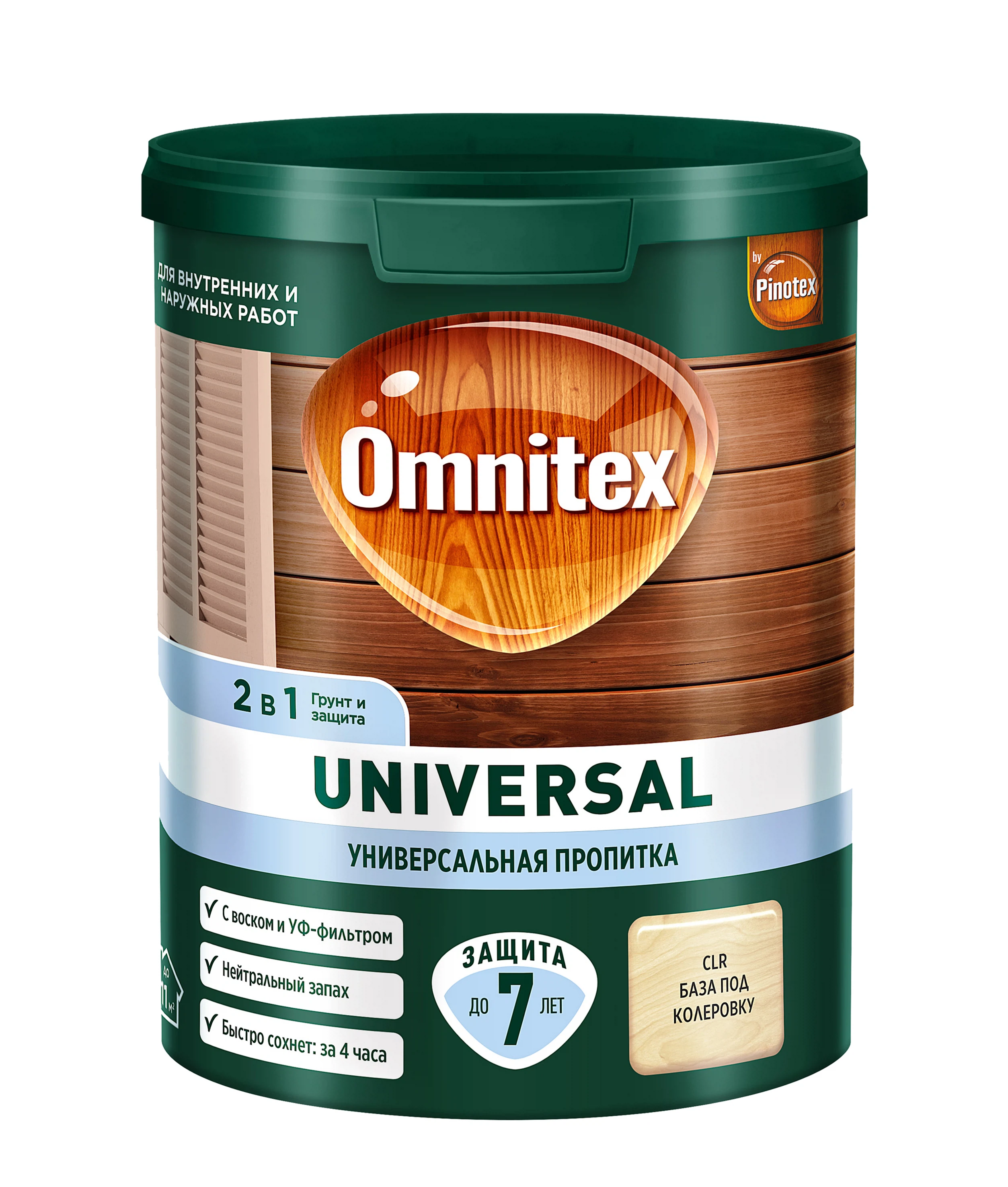 Изображение товара Универсальная пропитка для древесины 2 в 1 Omnitex by Pinotex Universal база CLR 0,9 л