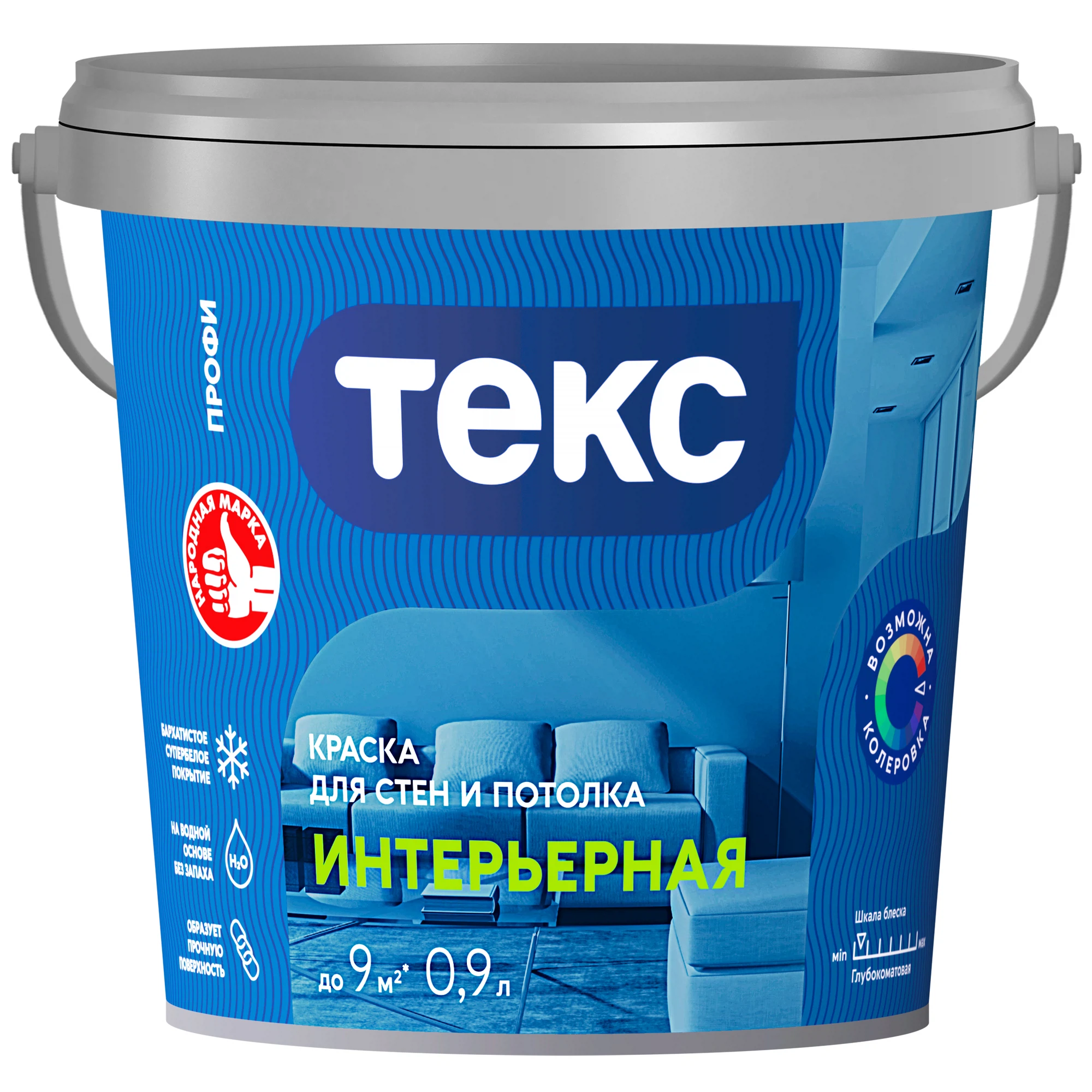 Изображение товара Краска интерьерная ТЕКС для стен и потолков 0,9л белая матовая водная