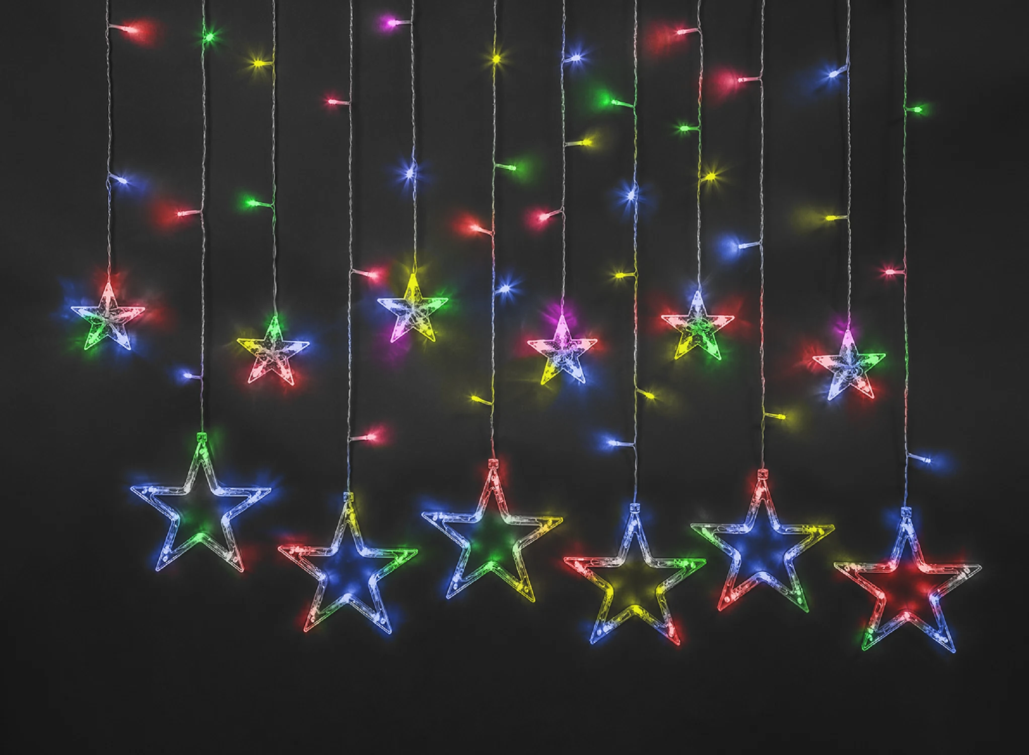 Изображение товара Гирлянда Navigator 93 678, звезды, бахрома 2.5*0.6 м, разноцветный свет