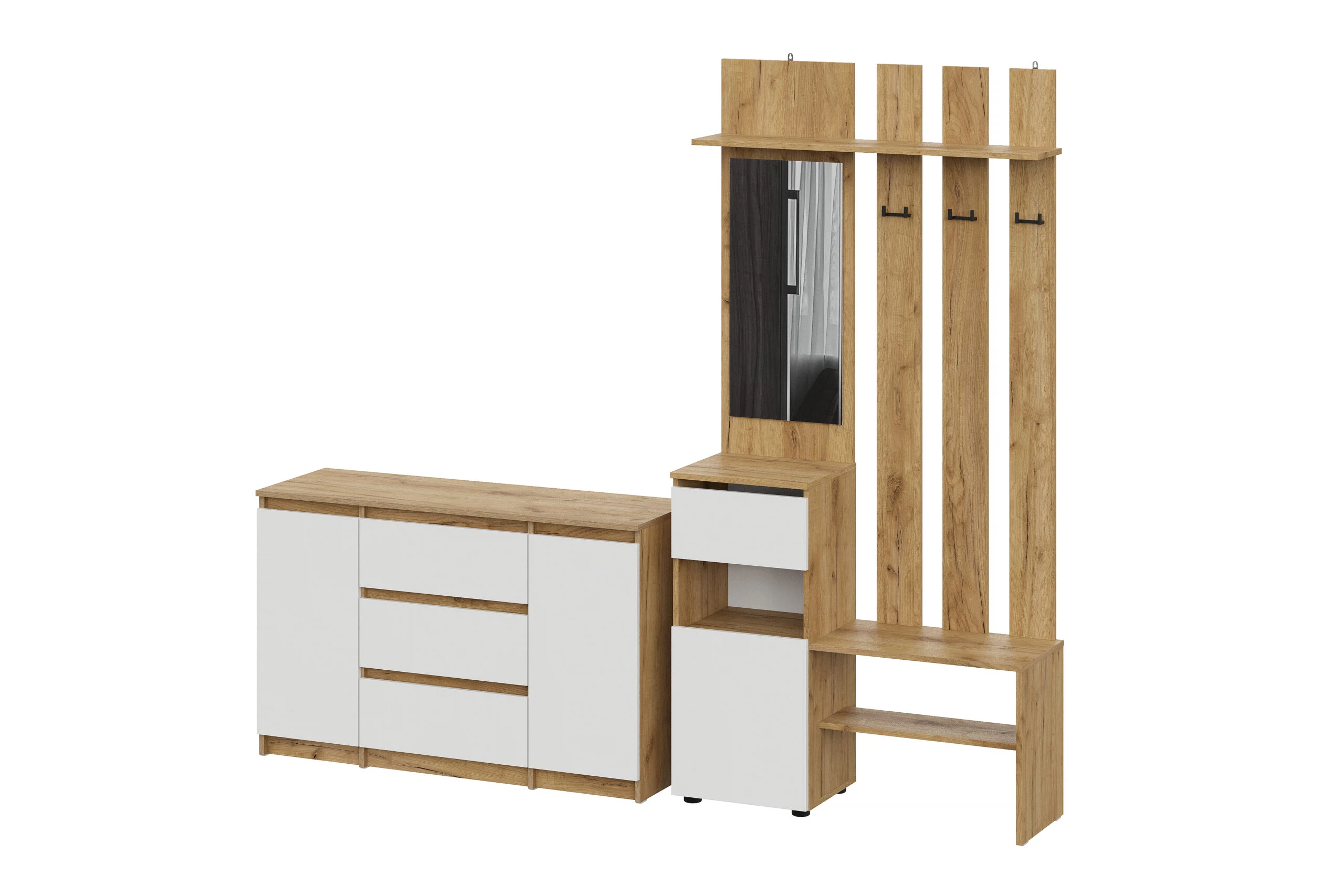 Изображение товара Прихожая Арника Мебель Денвер с зеркалом, полками и ящиком, белая