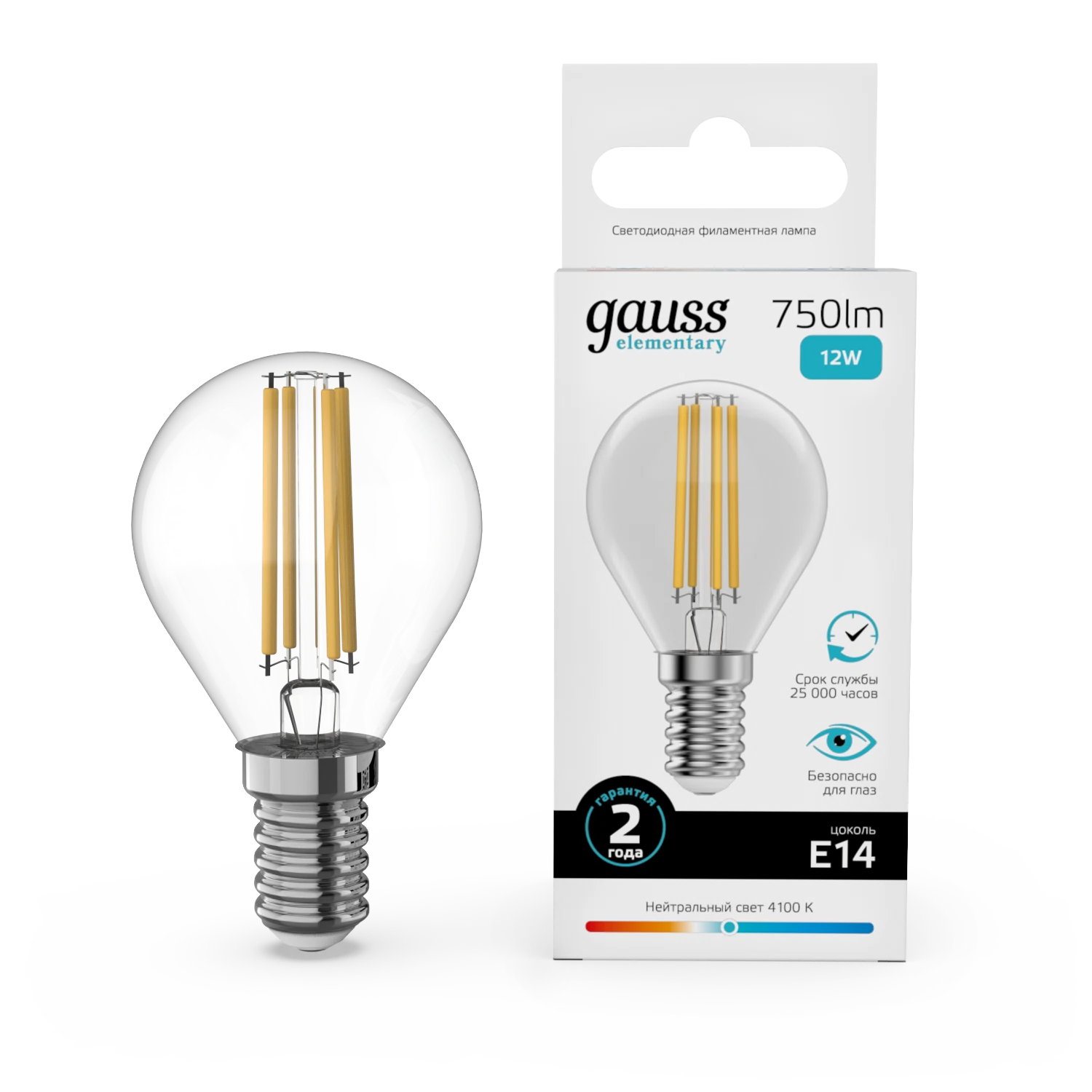 Изображение товара Лампа Gauss Filament Elementary Шар 12W 750lm 4100К Е14 LED 1/10/100 Изображение товара Лампа Gauss Filament Elementary Шар 12W 750lm 4100К Е14 LED 1/10/100