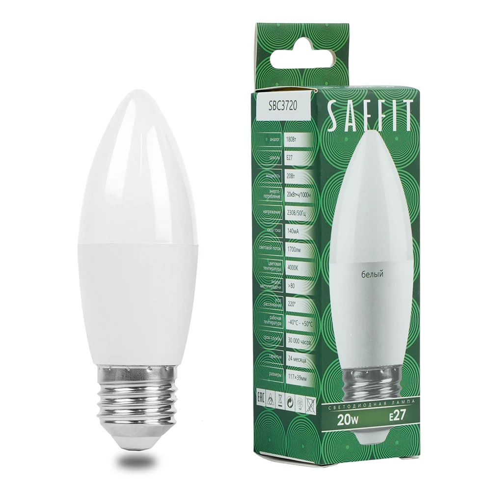 Изображение товара Лампа светодиодная SAFFIT SBC3720 Свеча E27 20W 230V 4000K Изображение товара Лампа светодиодная SAFFIT SBC3720 Свеча E27 20W 230V 4000K