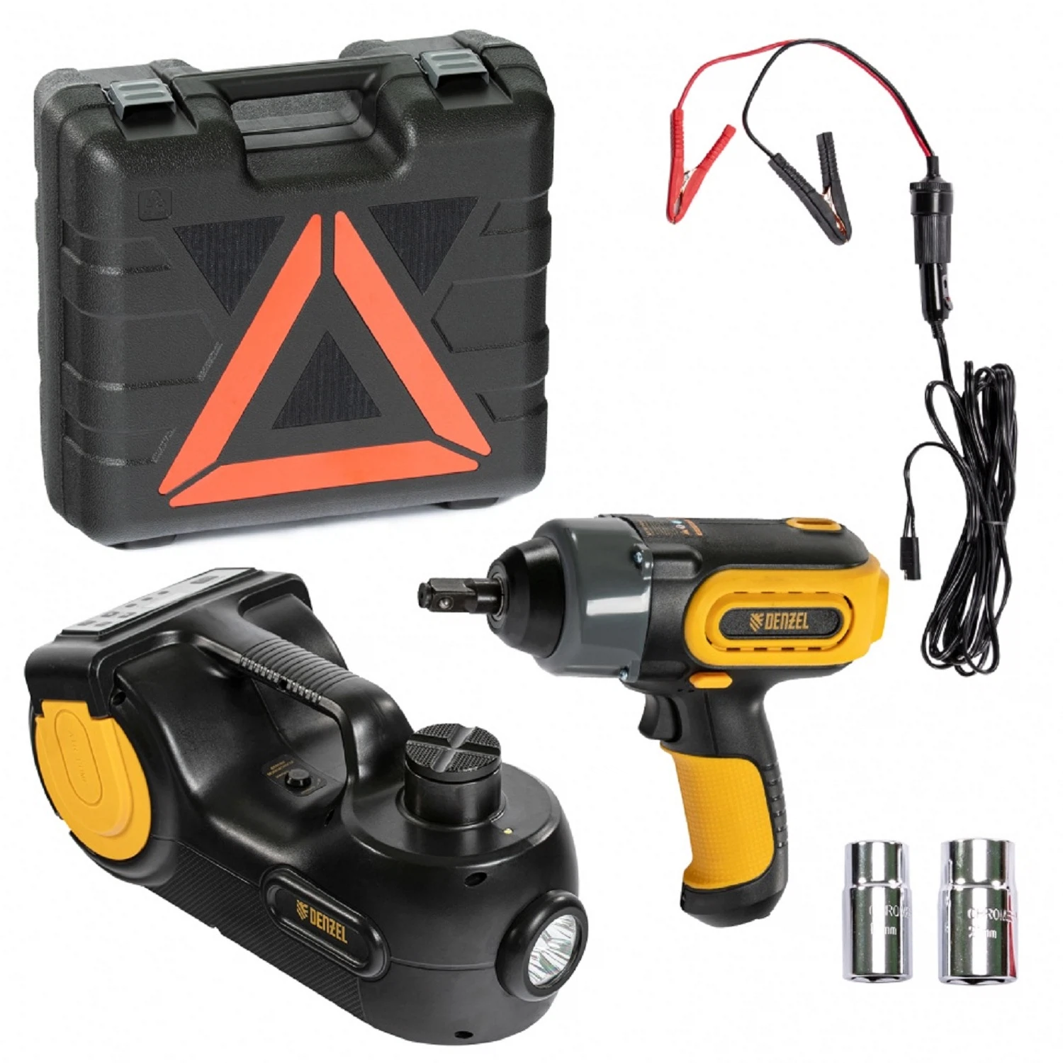 Изображение товара Домкрат электрогидравлический «3 в 1» (1,5 т), 12В, с гайковертом электрическим, в наборе Denzel