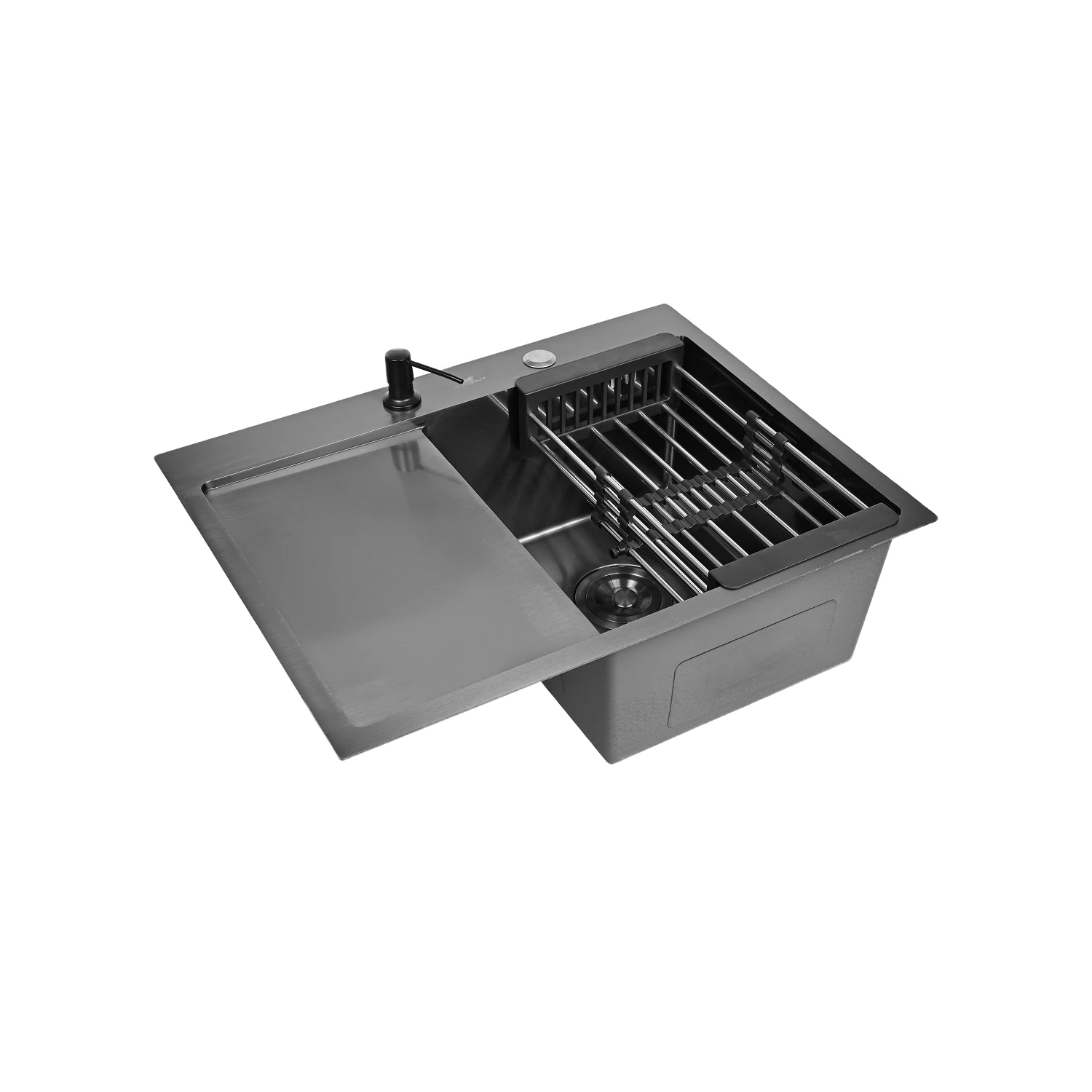 Изображение товара Мойка для кухни нержавеющая 65х50, с PVD покрытием графит, с левым крылом. Сифон с ведерком, дозатор, коландер. WS36550B-R/W02-114B/W405B/W302644B