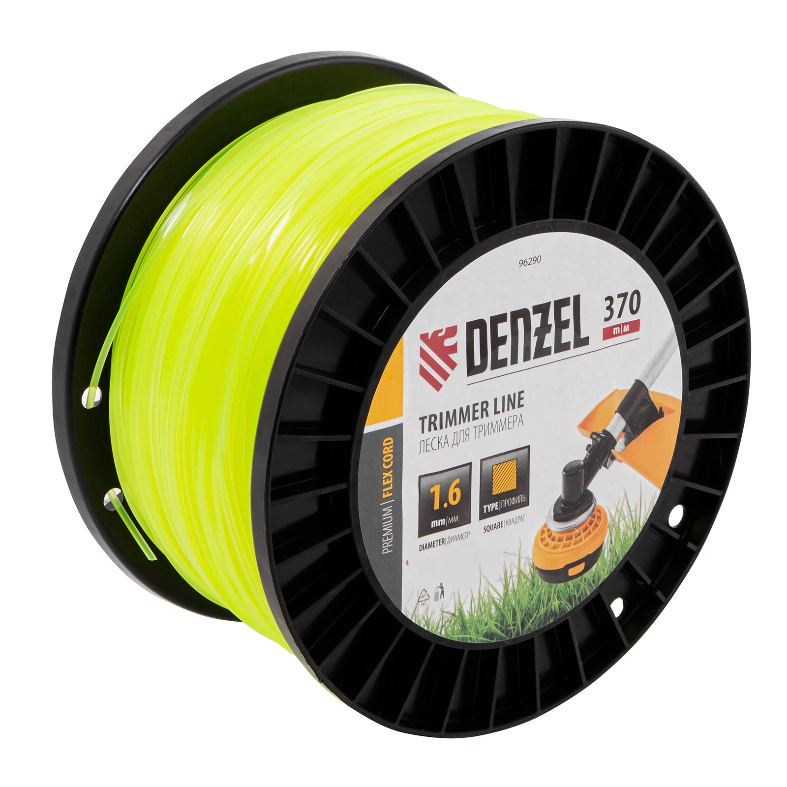 Изображение товара Леска для триммера квадрат 1,6мм х 370м, на DIN катушке FLEX CORD, Denzel 96290
