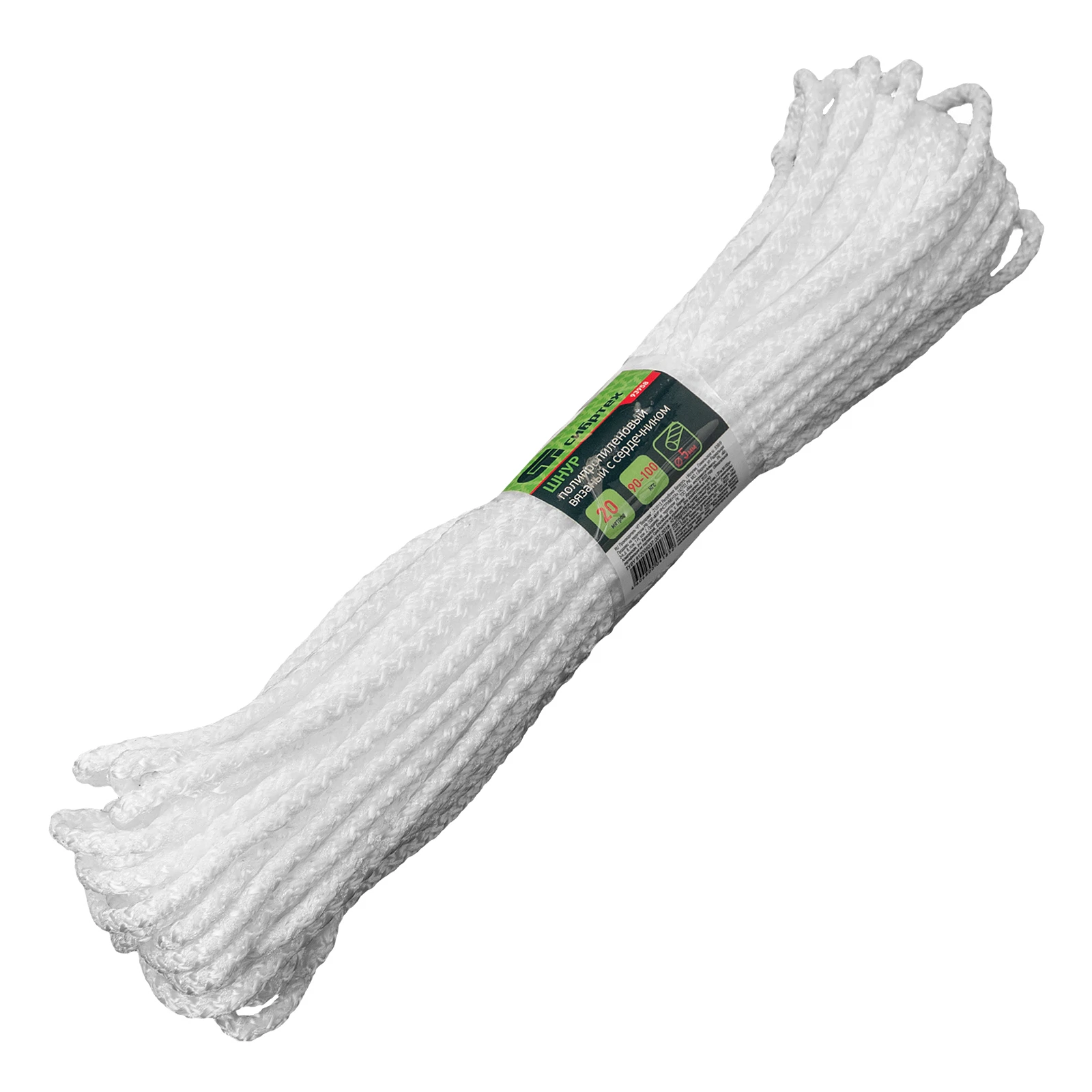 Изображение товара Шнур вязаный полипропиленовый с серд. белый, 5 мм, L20 м , Россия, Сибртех  93958