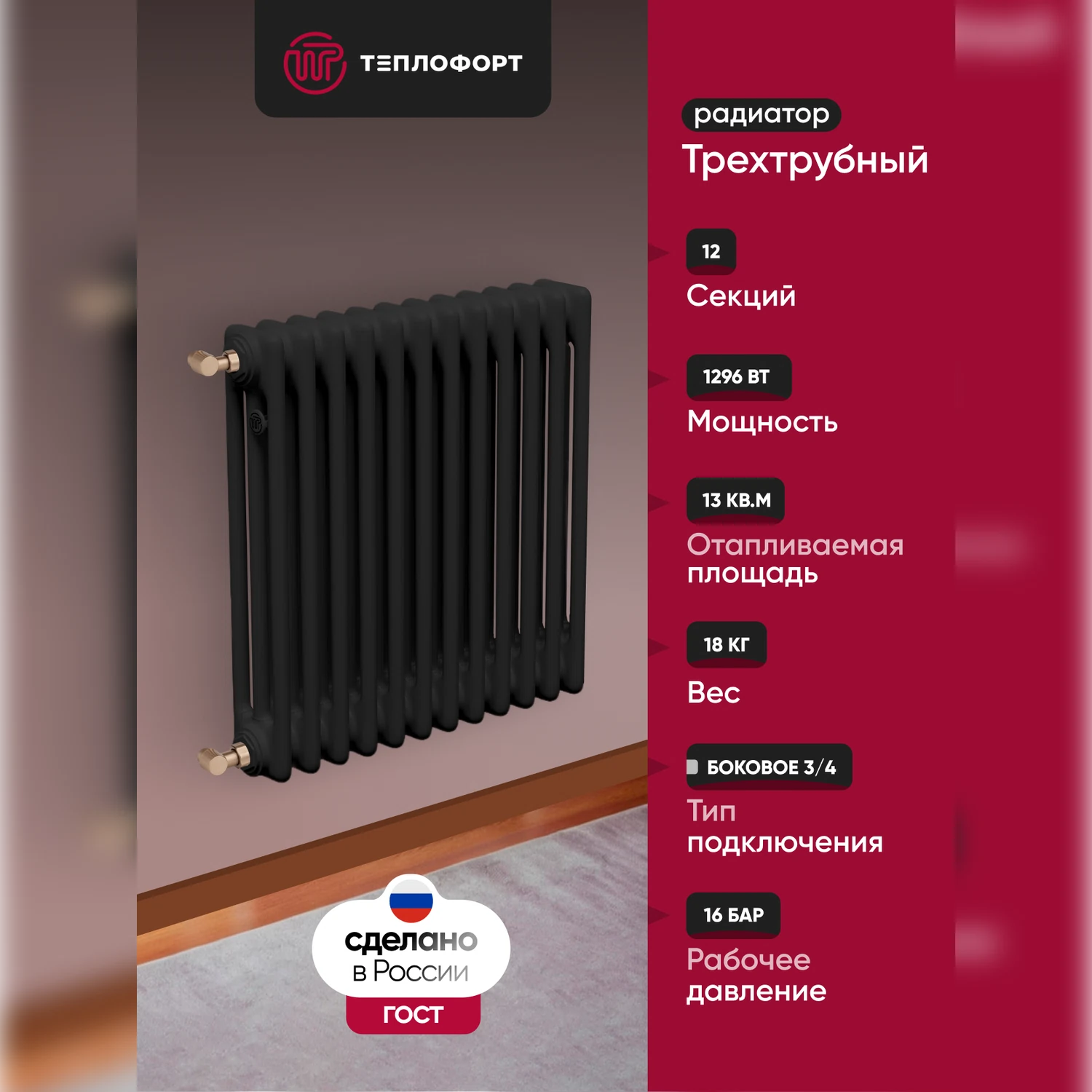 Изображение товара Трубчатый радиатор ТЕПЛОФОРТ 12 секций боковая подключка черный матовый сталь