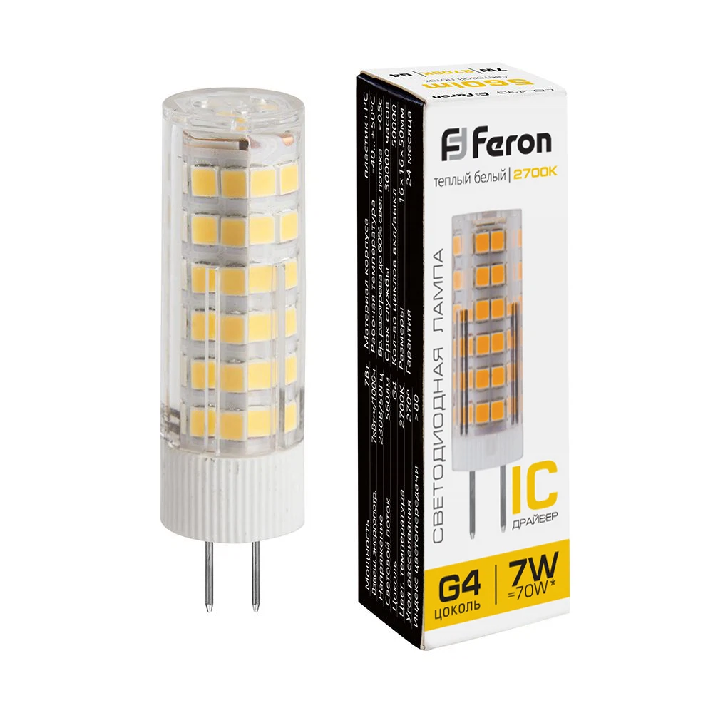 Изображение товара Светодиодная лампа Feron LB-433 G4 7W с тёплым светом 2700K