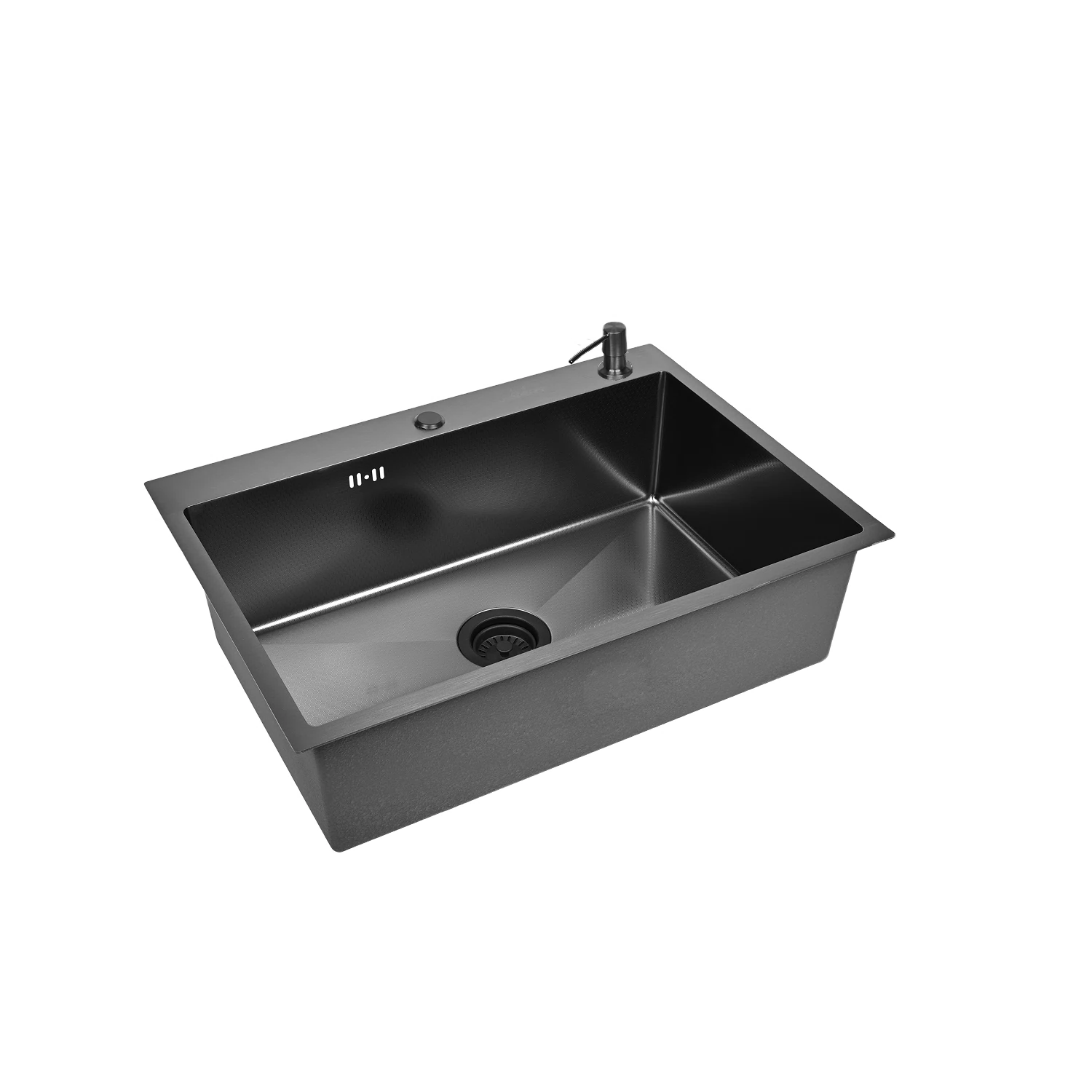 Изображение товара Мойка для кухни нержавеющая 70х50, рифленая, с PVD покрытием графит. Сифон с ситечком, дозатор. WS37050BD/WGER019B/W405B