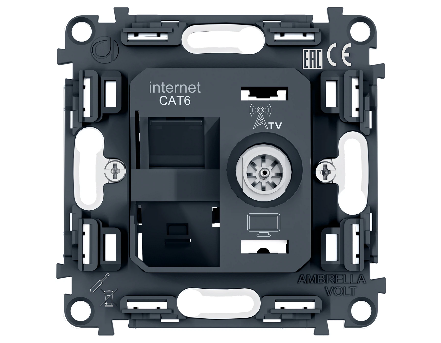 Изображение товара Механизм розетки компьютерной + TV оконечной RJ-45 (8P8C) CAT6/50-870MHz 1dB с автоматической защитной шторкой QUANT PRO PR195