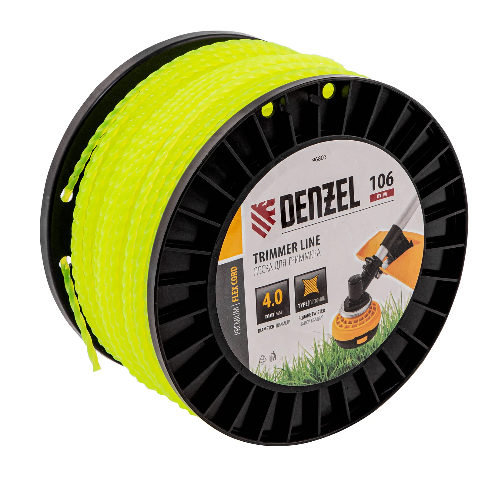 Изображение товара Леска для триммера витой квадрат 4,0мм 106м Denzel FLEX CORD 96803