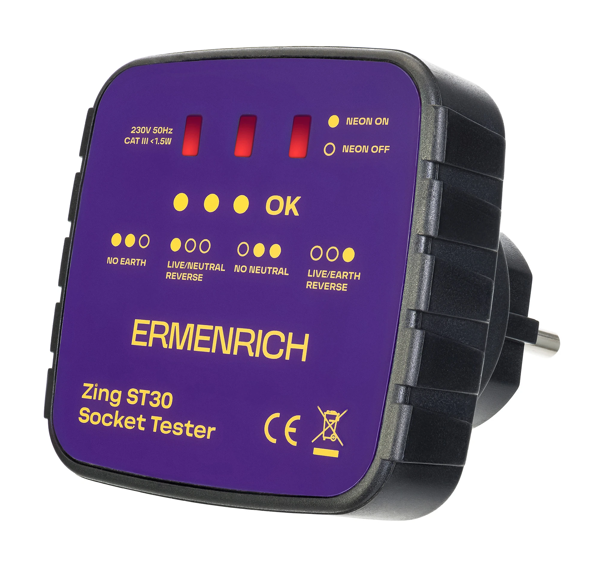 Изображение товара Тестер розеток Ermenrich Zing ST30, фиолетовый для проверки электросетей