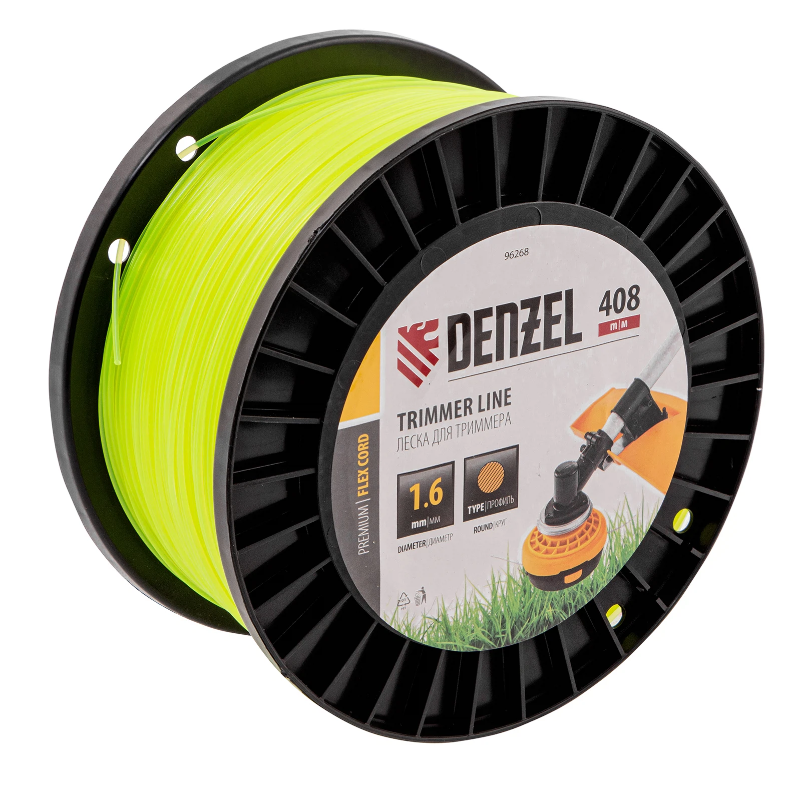 Изображение товара Леска для триммера Denzel FLEX CORD 96268 диаметром 1,6 мм, 408 м, круглая, на DIN-катушке