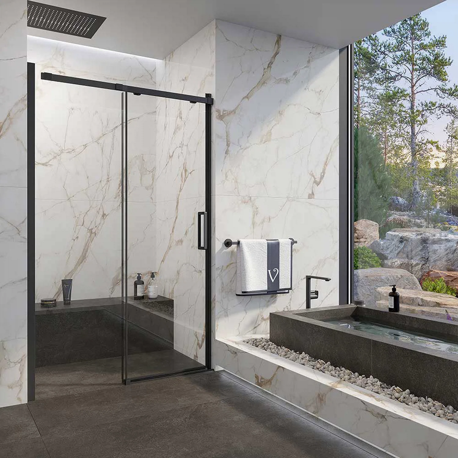 Изображение товара Душевая дверь Veconi Vianno 150x195 см раздвижная стеклянная черная