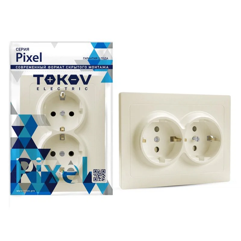 Изображение товара Розетка 2-м СП Pixel 16A IP20 с заземл. защ. шторки бежевый
