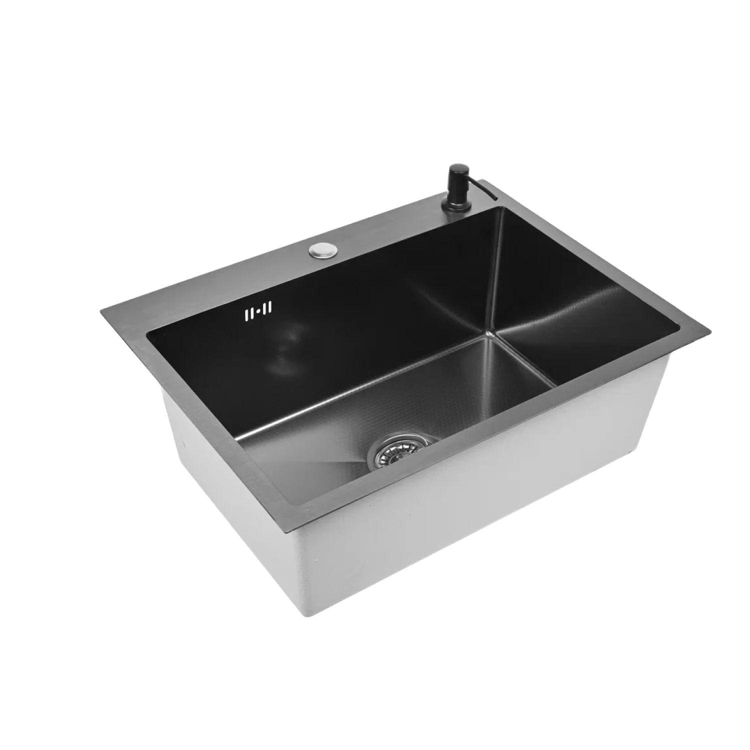 Изображение товара Мойка для кухни нержавеющая 60х45, рифленая, с PVD покрытием графит. Сифон с ситечком, дозатор.