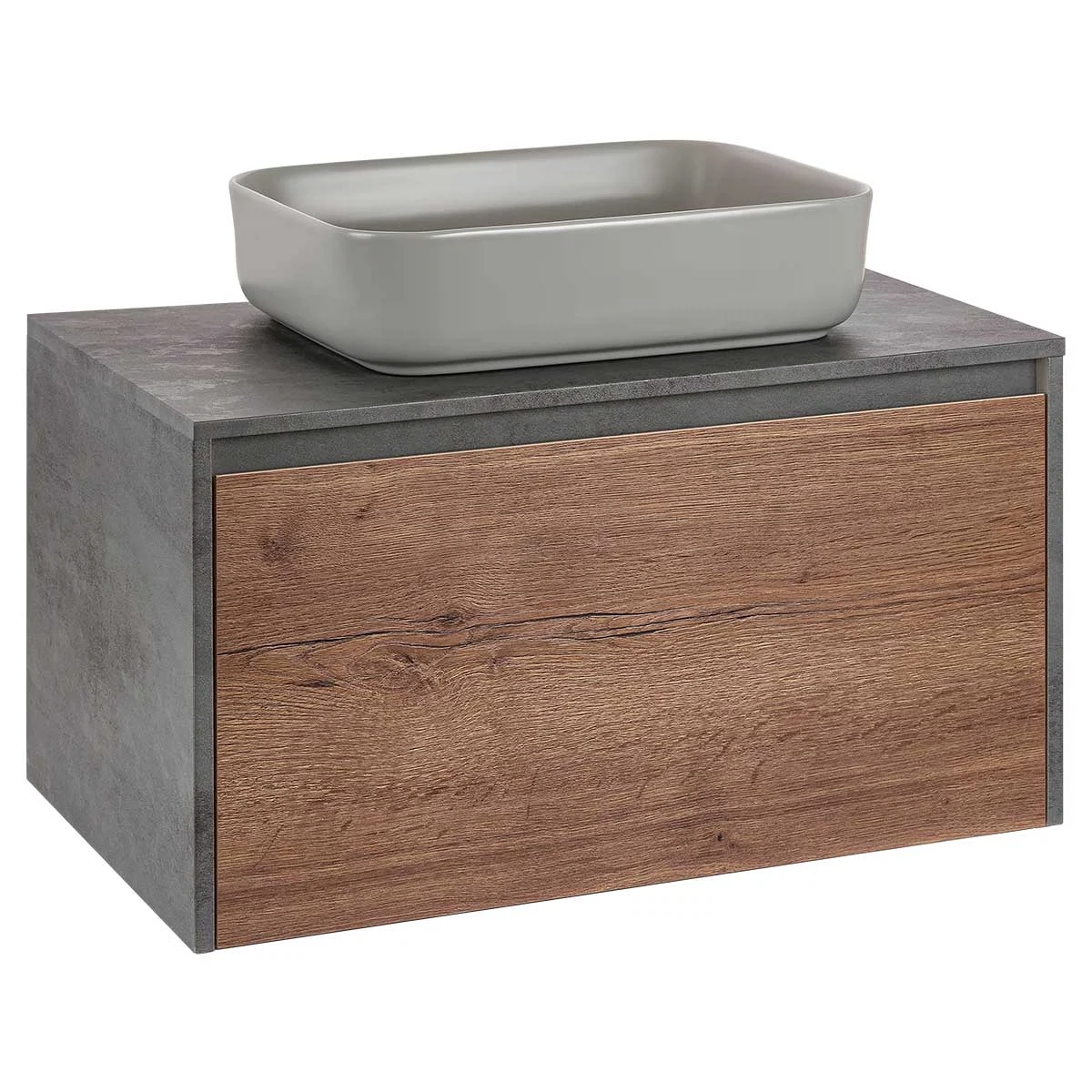 Изображение товара Тумба под накладную раковину Mesa 800 подвесная, 1 выкатной/1 скрытый ящик soft close, T.Oak + Beton