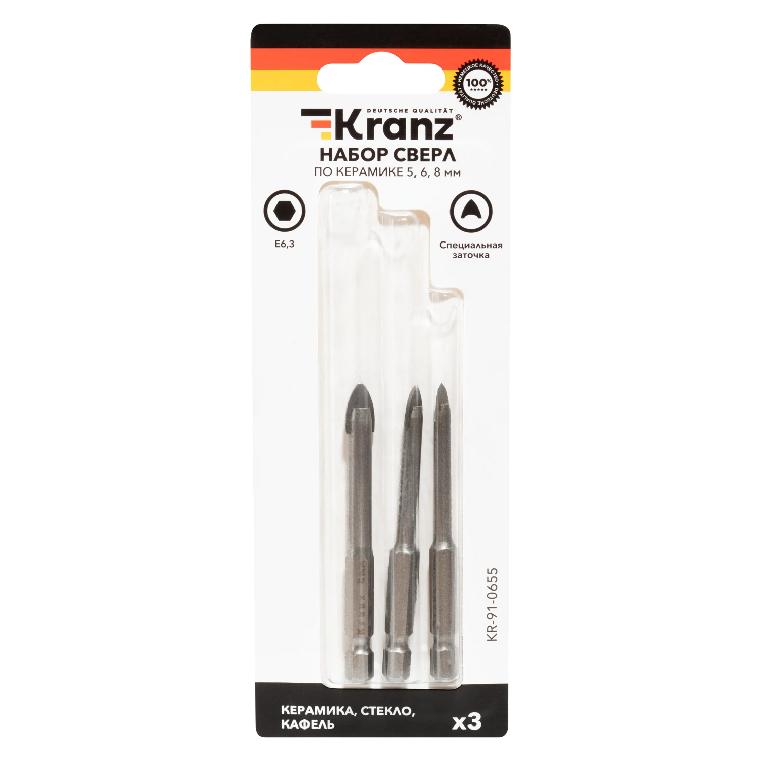 Изображение товара Набор сверл по керамической плитке, 5-6-8мм, шестигранный хвостовик KRANZ