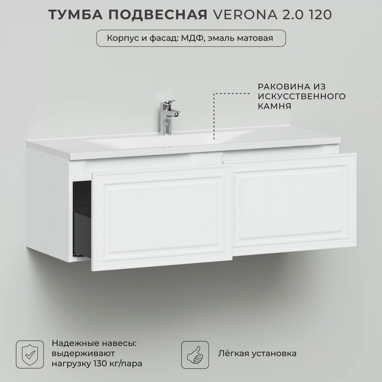 Изображение товара Подвесная тумба с раковиной Итана Verona 2.0 120, белый матовый, МДФ