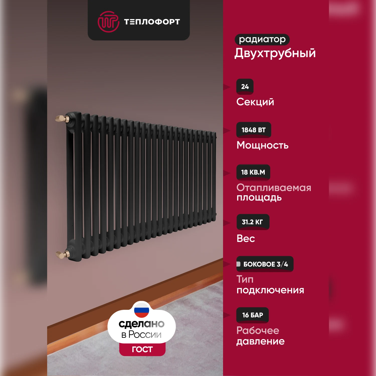 Изображение товара Радиатор трубчатый ТЕПЛОФОРТ двухтрубный 24 секции боковая подводка черный матовый