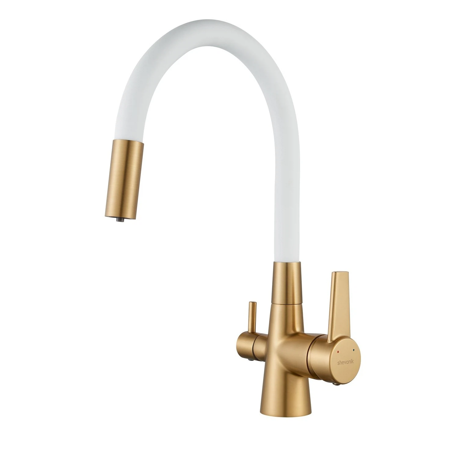 Изображение товара Смеситель для кухни с гибким изливом и подключением фильтра Shevanik S668G, золотой сатин/белый
