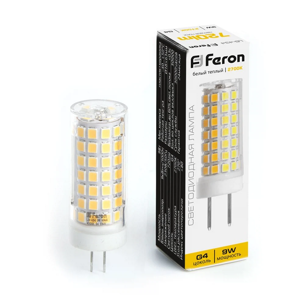 Изображение товара Светодиодная лампа Feron G4 9W Теплый свет 2700K Энергосбережение