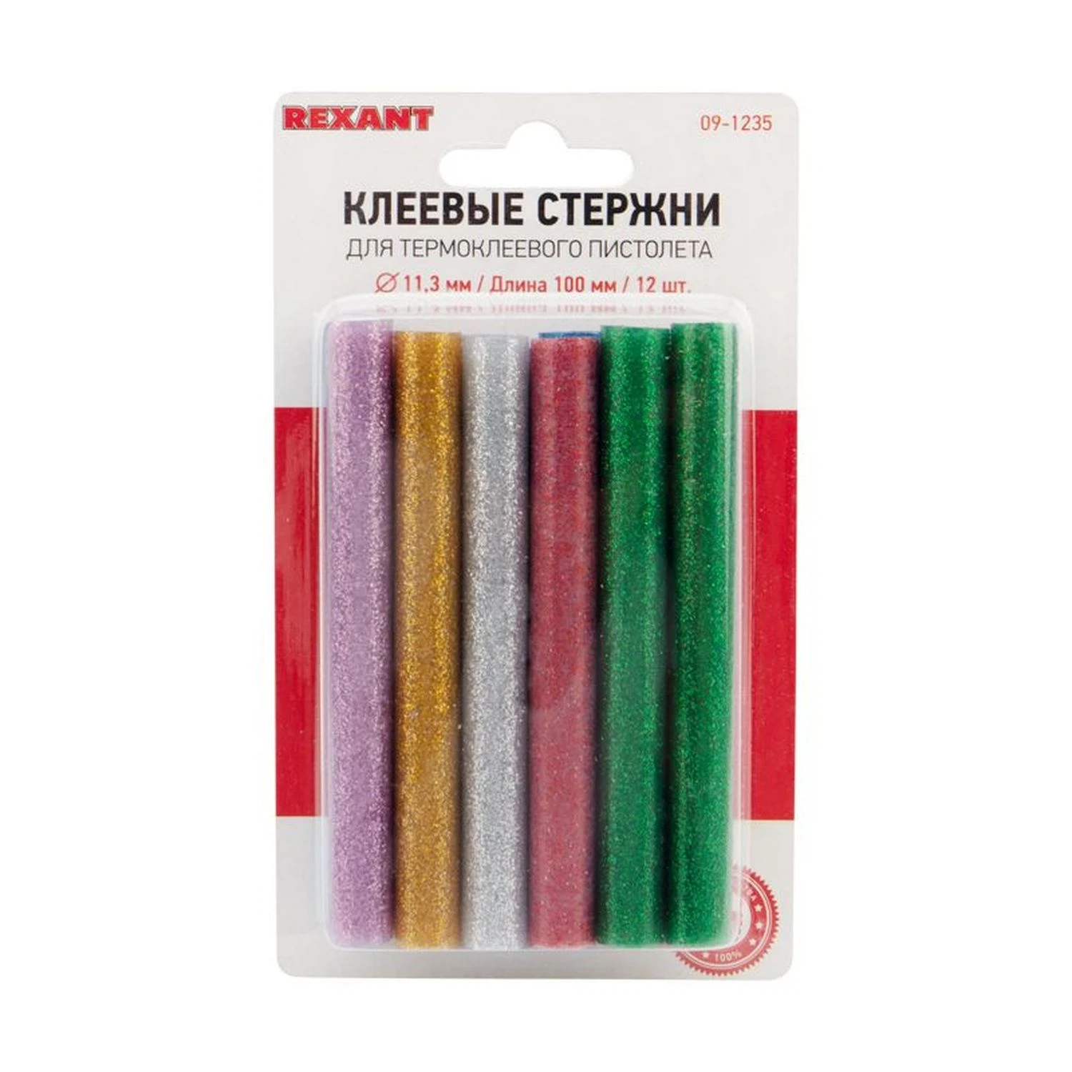 Изображение товара Стержни клеевые Ø11мм, 100мм, цветные с блестками (12 шт/уп), блистер REXANT