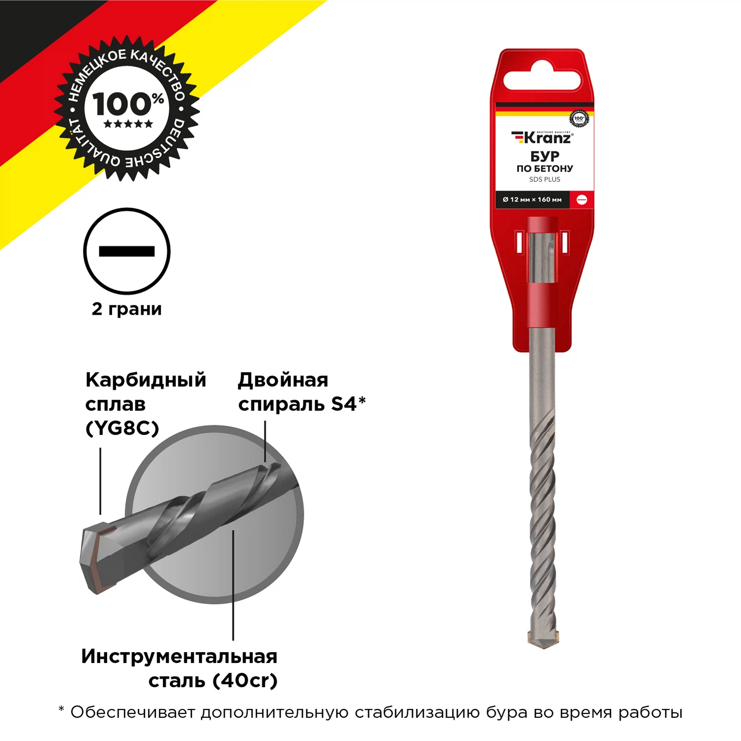 Изображение товара Бур по бетону Kranz 12x160x100мм SDS PLUS профессиональный