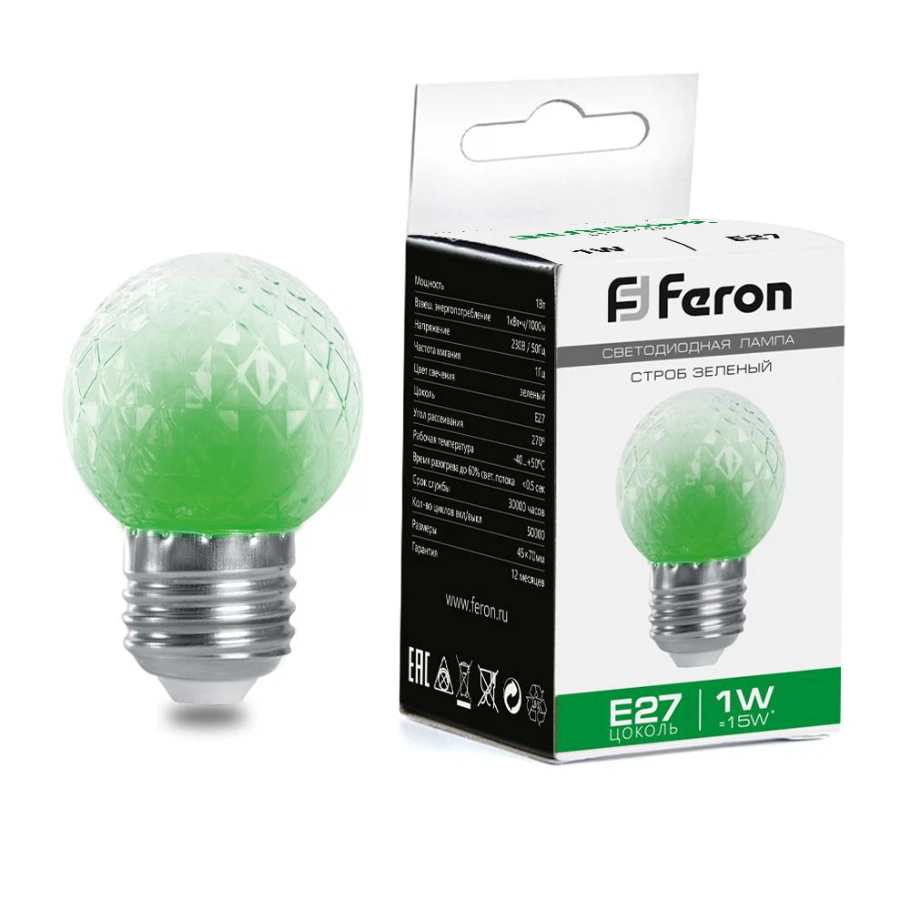 Изображение товара Лампа-строб Feron LB-377 Шарик прозрачный E27 1W 230V зеленый Изображение товара Лампа-строб Feron LB-377 Шарик прозрачный E27 1W 230V зеленый