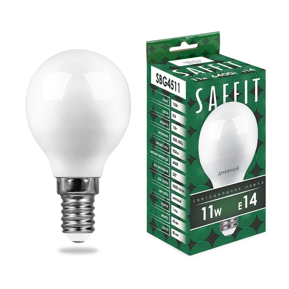 Изображение товара Лампа светодиодная SAFFIT SBG4511 Шарик E14 11W 230V 6400K Изображение товара Лампа светодиодная SAFFIT SBG4511 Шарик E14 11W 230V 6400K