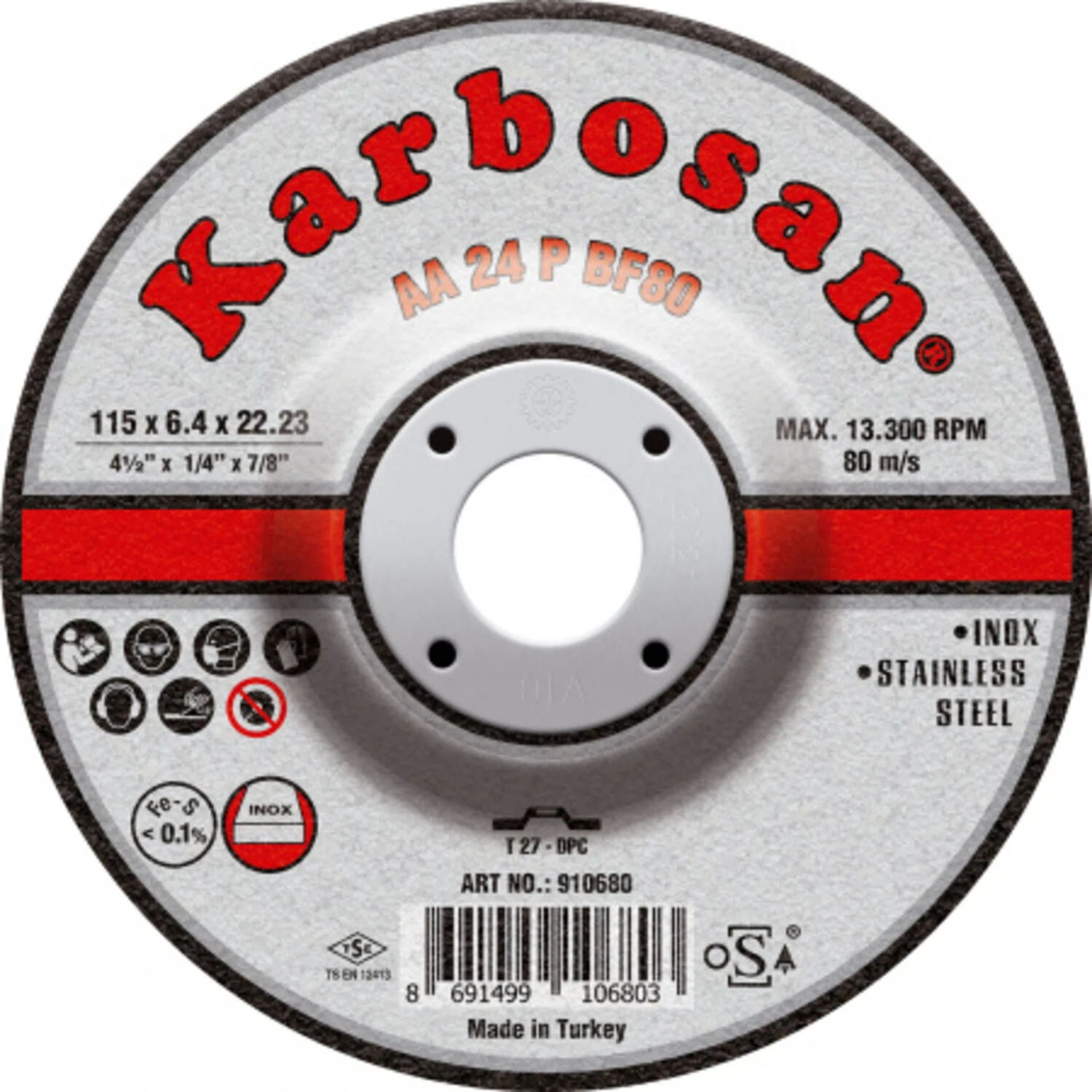 Изображение товара Диск шлифовальный по металлу "Karbosan" (115х6,4х22) Inox (Арт.910680)