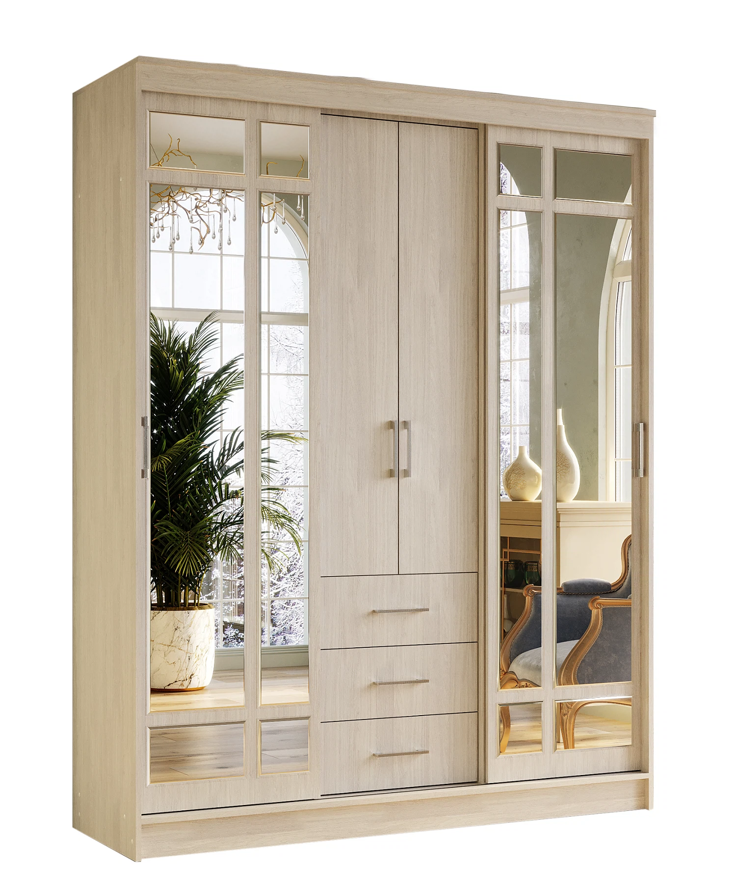 Изображение товара Шкаф-купе Маэстро в цвете ясень белый с зеркалом и ящиками, Россия