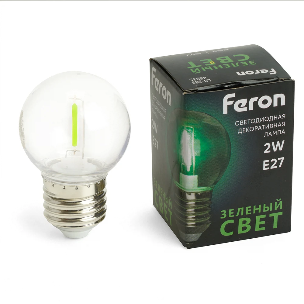 Изображение товара Лампа светодиодная Feron LB-383 Шарик прозрачный E27 2W 230V зеленый