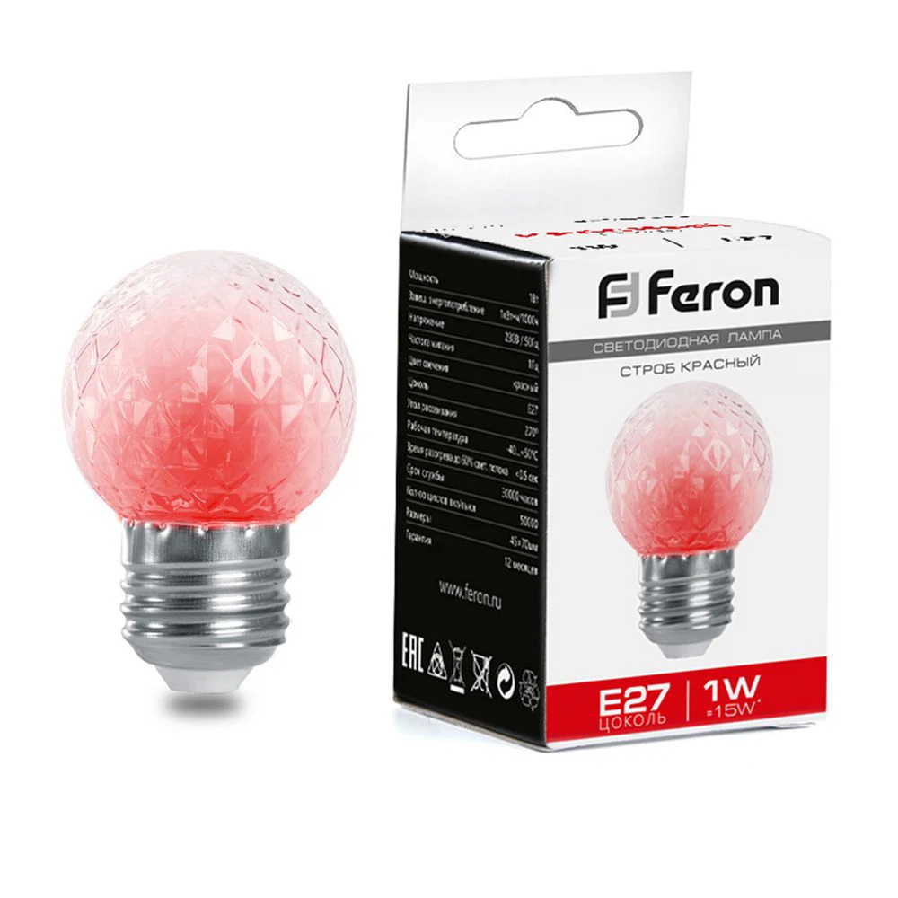 Изображение товара Лампа-строб Feron LB-377 Шарик прозрачный E27 1W 230V красный Изображение товара Лампа-строб Feron LB-377 Шарик прозрачный E27 1W 230V красный