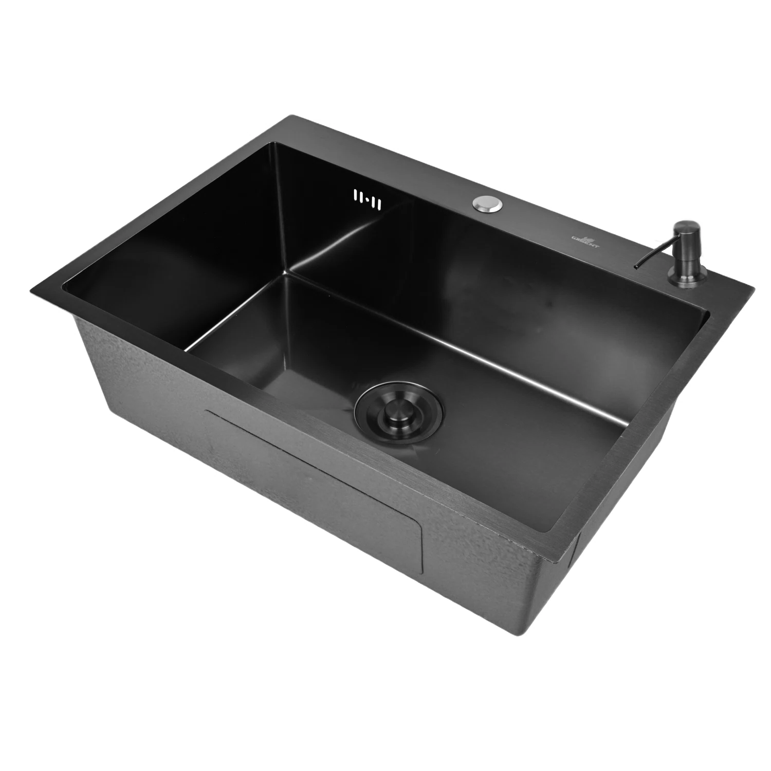 Изображение товара Мойка для кухни нержавеющая 70х50, с PVD покрытием графит. Сифон с ведерком, дозатор. WS37050B/W02-114B/W405B