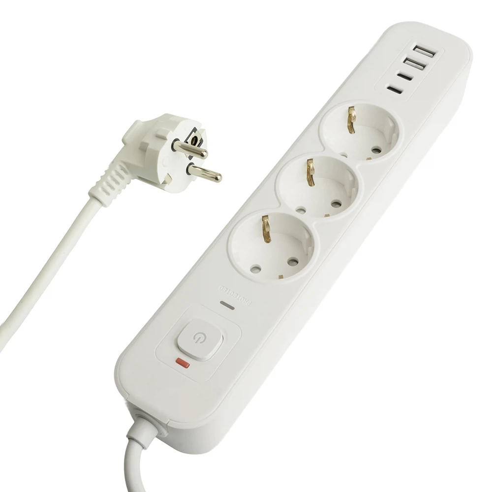 Изображение товара Сетевой фильтр 3-местный с/з STEKKER 3x1мм2, 5 м, 250В, 16А, 2 USB-A+2 Type-C 3, серия Nova, белый