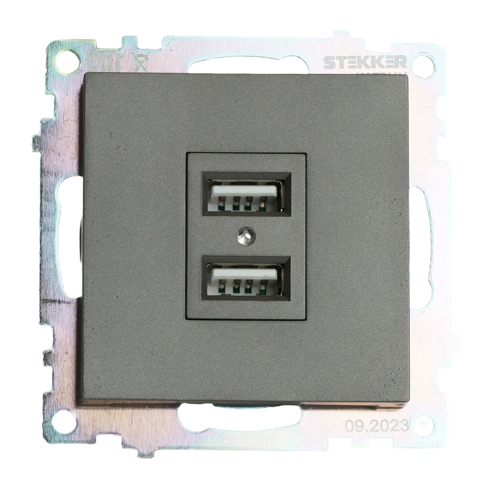Изображение товара Розетка 2-местная USB (механизм), 250В, 2,1А, серия Катрин, графит, GLS10-7115-06