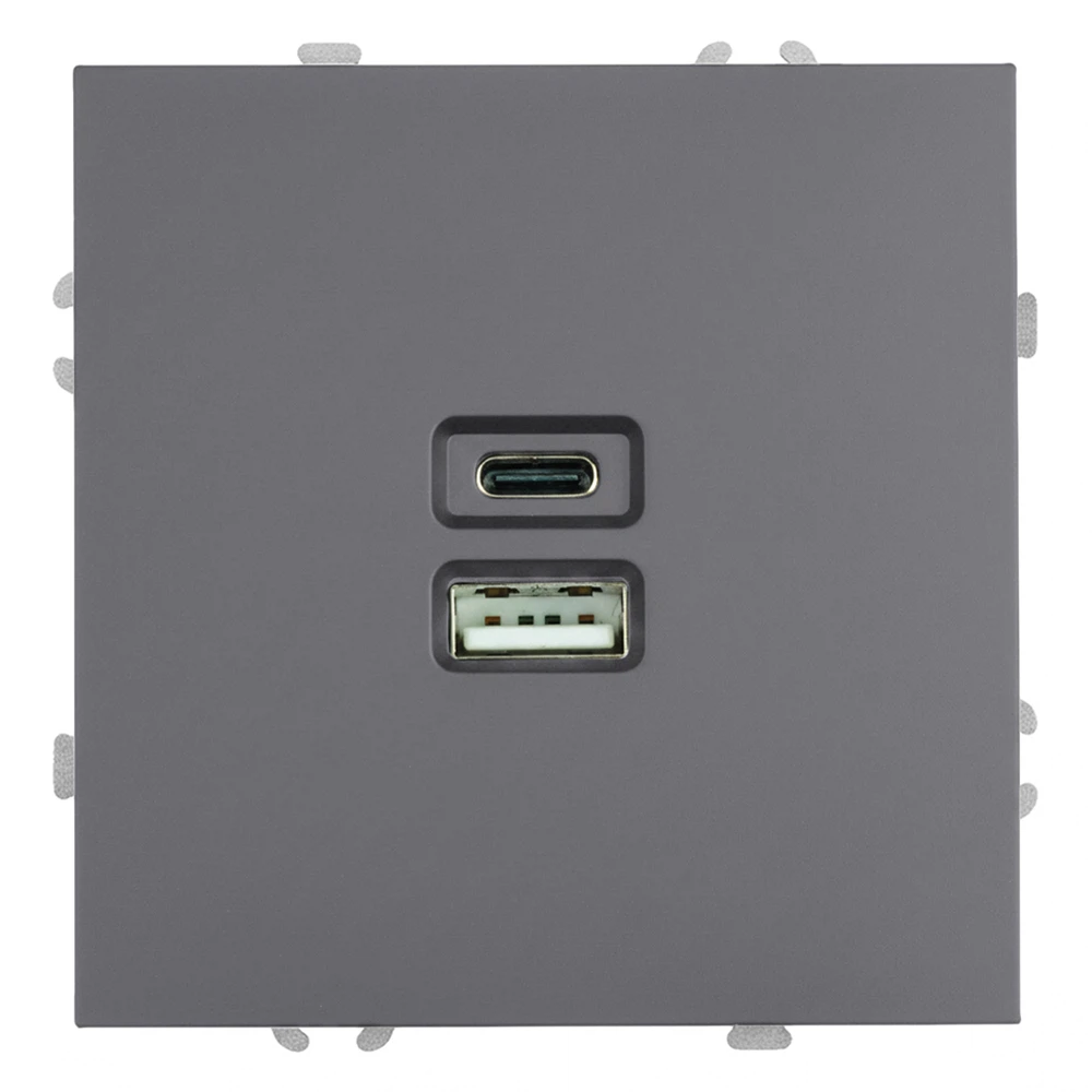 Изображение товара Розетка 2-местная USB + Type C (механизм), STEKKER, 250В, 20W, серия Эмили, RST10-5115-10, платиново-серый, soft touch
