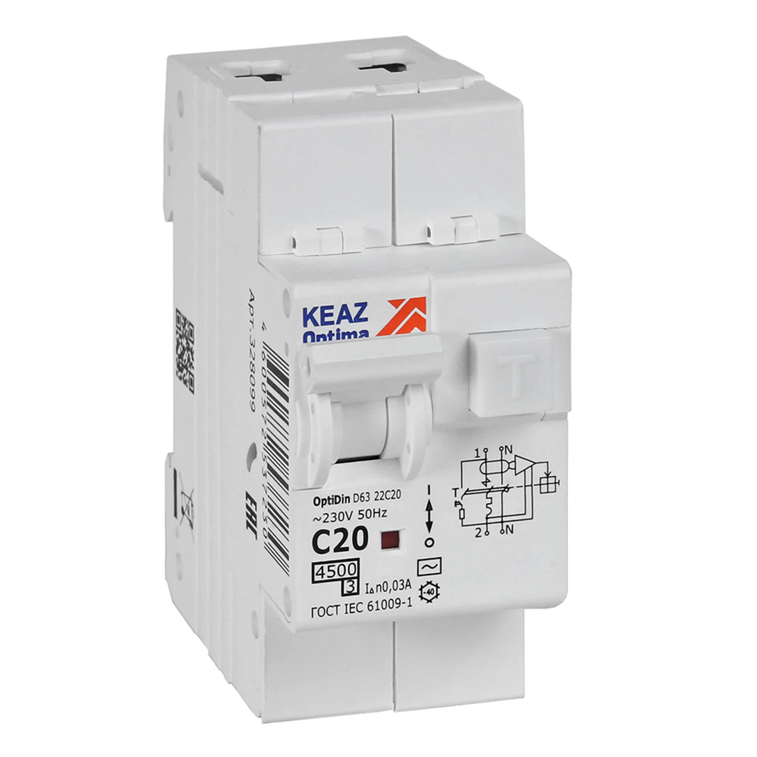 Изображение товара Автоматический выключатель дифференциальный КЭАЗ OptiDin D63-22C20-AC-У3 2P 30мА 20А