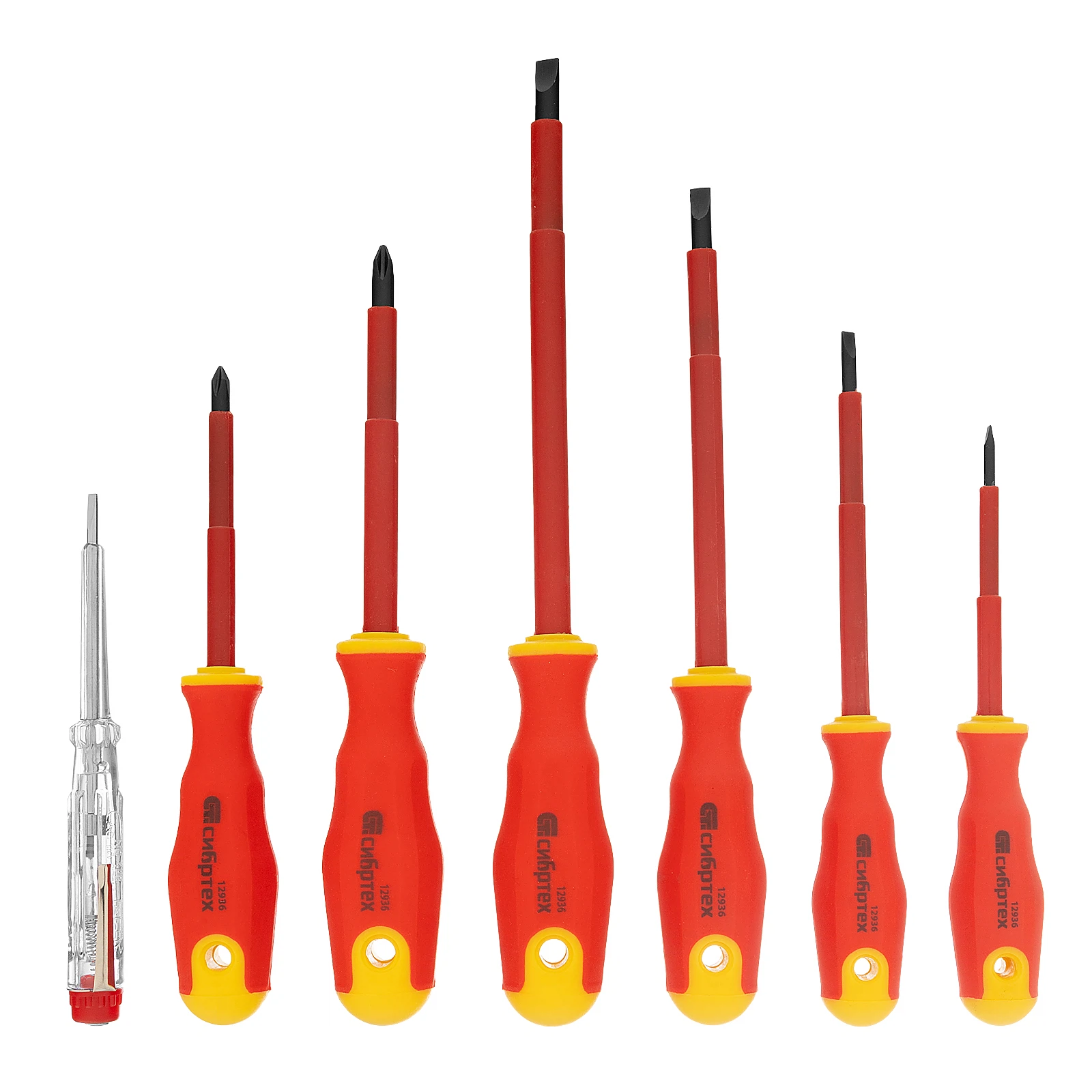 Изображение товара Набор диэлектрических отверток и тестер Сибртех 12936 7 шт. для электромонтажных работ