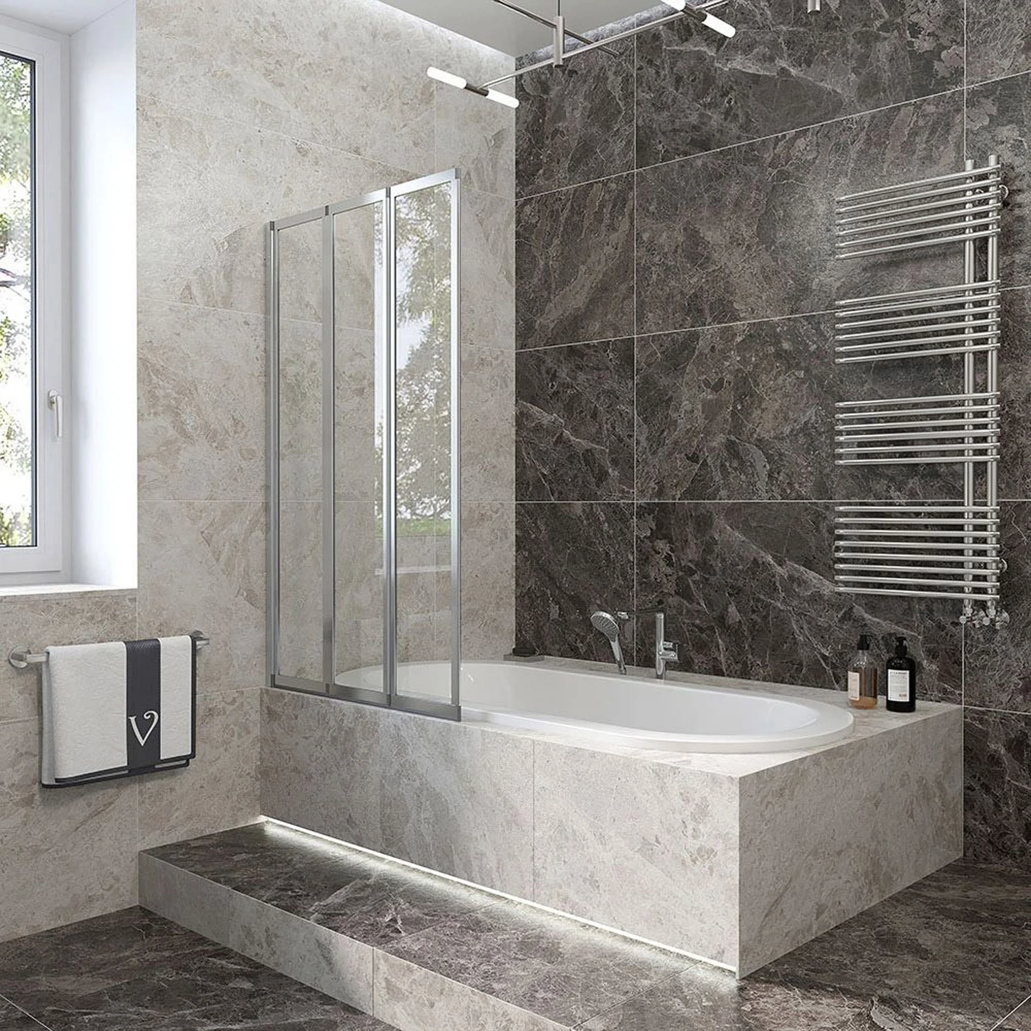 Изображение товара Стеклянная складная шторка для ванны Veconi Palau PL73R 120x150 хром