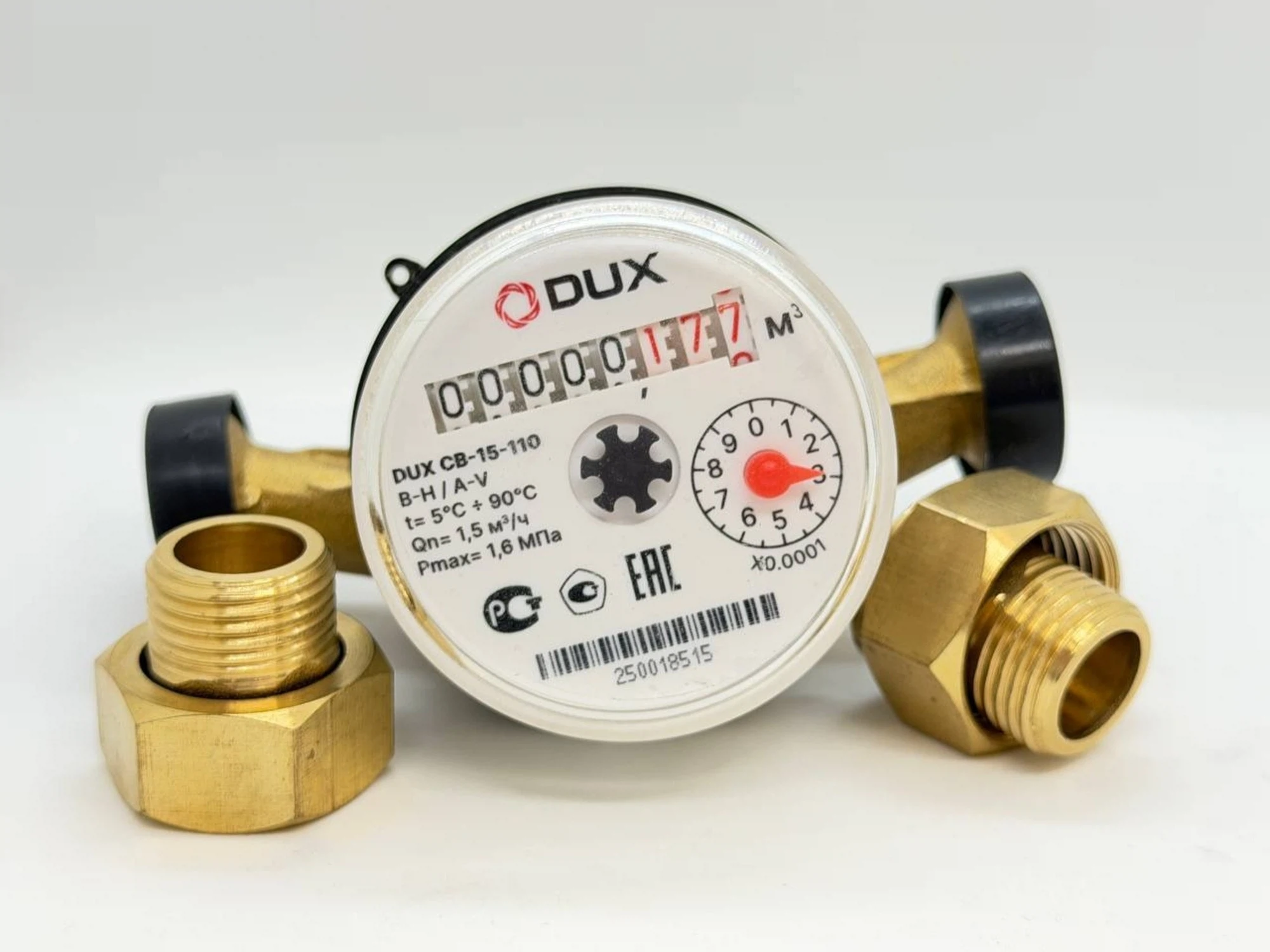 Изображение товара Счетчик воды универсальный DUX СВ-15-110 (латунь), класс А/В + КМЧ с обратным клапаном