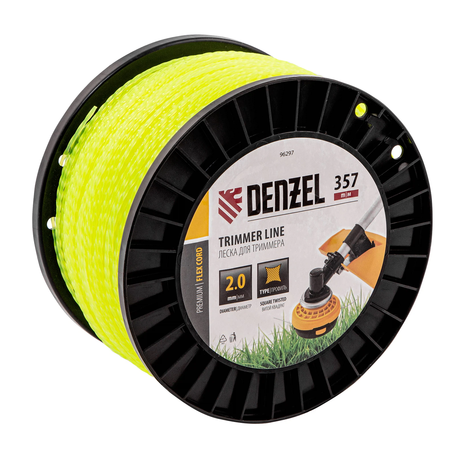 Изображение товара Леска для триммера витой квадрат 2мм 357м на DIN катушке FLEX CORD Denzel