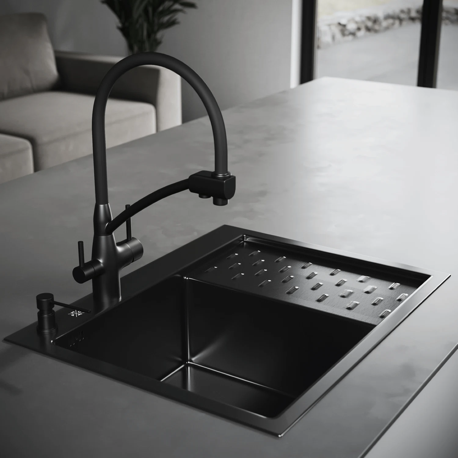 Изображение товара Комплект Мойка для кухни с правым крылом и дозатором РМС MRK-6350BL-L Темный графит